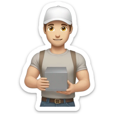 Pale skinned fit Man with dark brown hair in a light gray cap, dark brown jeans, brown polo and white T-shirt keeping a pasted with tape white box into his hands sticker