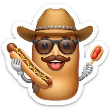 A hotdog with sunglasses and a cowboy hat sticker
