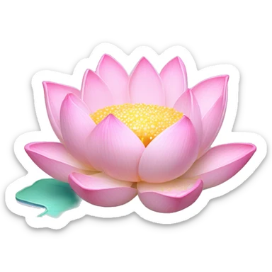 Lotus "A radiant pastel pink lotus flower floating on a soft, glowing surface, with shimmering petals and sparkling water droplets around it." sticker