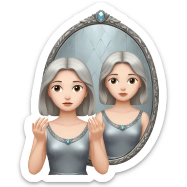 Woman facing ancient mirror, reflection slightly delayed and darker sticker