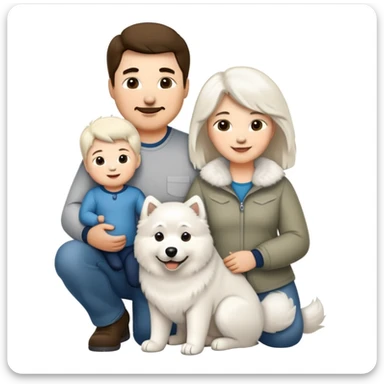 A family portrait in Apple iOS emoji style, featuring a dad, a mom, a 2-year-old baby boy, a fluffy white Samoyed dog, and a large Alaskan Malamute. All characters are smiling and standing close together in a warm, happy scene. sticker