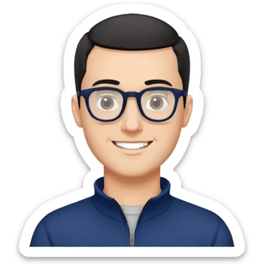 Fair-skinned man with extremely short black hair (very close buzz cut), short salt and pepper beard, large black-framed glasses, smiling, wearing navy blue long sleeve zip sweatshirt sticker