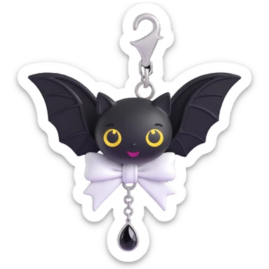 3D emoji gothic bow, white leather, silver bat charm, black lace overlay, single black teardrop gem sticker