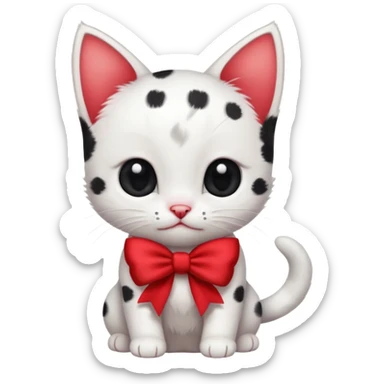 tiny white kitten with scattered black spots and a red bow, playful and charming sticker