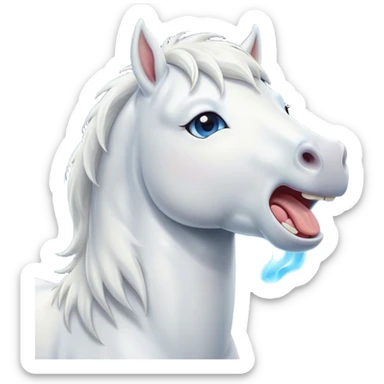 Cinematic Cute Yawning White Horse Portrait Emoji, Head tilted slightly with a dramatic, wide-open yawn, revealing a soft white fur with a subtle shimmer, floppy ears slightly drooping, round blue eyes barely open in drowsy contentment, Simplified yet irresistibly adorable features, highly detailed, glowing with a soft, cozy glow, high shine, relaxed yet expressive, stylized with a touch of whimsy, bright and endearing, soft glowing outline, capturing the essence of a sleepy yet affectionate horse, so drowsy it feels like it could stretch out of the screen and curl up for a nap! sticker