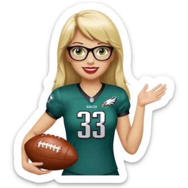 full length women wearing eagles uniform, long blonde hair, styled bangs, green eyes, black glasses, holding football, number 33, smiling, lipstick sticker