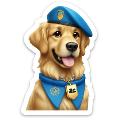 Un Golden Retriever con collar azul al estilo e camuflaje de soldado y su placa dice Ron sticker