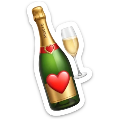 Draw a champagne bottle with a heart label using an isometric camera with a High-Angle Shot. sticker