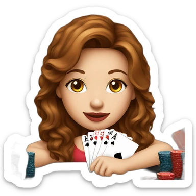 female with brown wavy hair playing poker with a poker dealer hat sticker