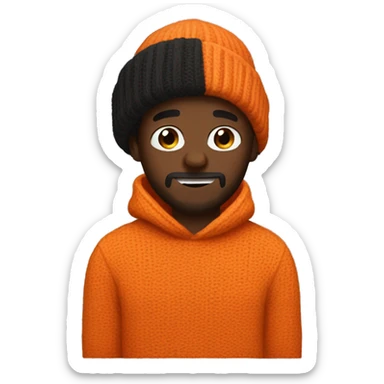 man wears an orange sweater and a black beanie, darkskin with beard sticker