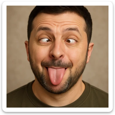 Vladimir Zelensky, photorealistic, emoji style, making a playful silly face sticker