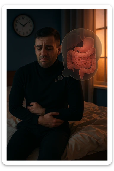 a tired-looking man sits on the edge of his bed at dawn, holding his stomach with a pained expression. Dark circles under his eyes and a messy bed indicate poor sleep. In the background, a clock shows early morning hours, and a thought bubble or overlay highlights digestive organs, emphasizing intestinal discomfort linked to sleep deprivation. sticker