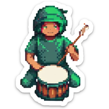 a person beating a drum for sahur in pixel art style sticker