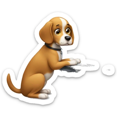 a cute dog sitting in front a computer. typing in some text with his paws. head looking back. sticker