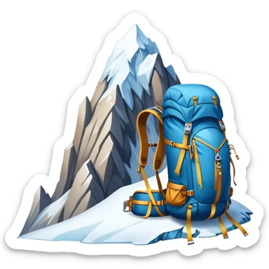 Icon for Mountain Tourism and Climbing: a mountain peak in the background, climbing gear and backpack. The icon should capture the adventure and challenge of alpine exploration. Transparent background. sticker
