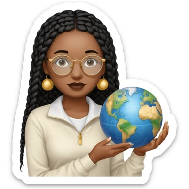 a young woman wearing fine gold round glasses and black hair in several box braids, no earrings, she has light black skin, and she's wearing a white shirt with a black quarterzip. She's holding a globe in one hand sticker