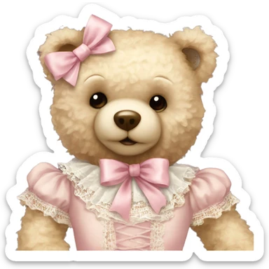 vintage rococo teddy bear with a light pink bow that has lace and frills sticker