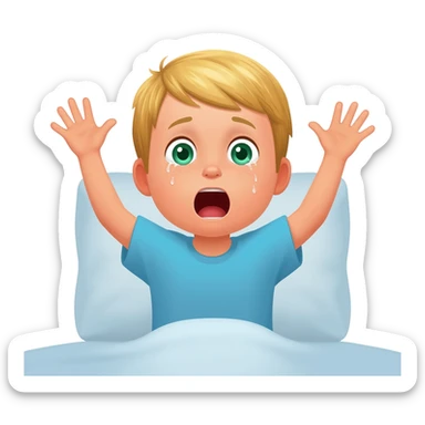 3 year old blonde boy with green-blueish eyes waking up from bed, raising both arms up and yawning. No tears sticker