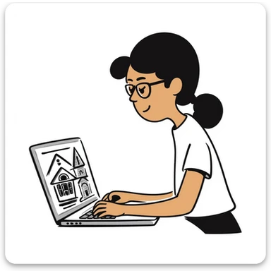 a designer with tan skin and square glasses using a laptop, hand-drawn doodle style sticker