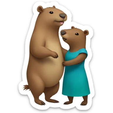 a capybara and a bear hugging. the capybara is wearing a green dress and the bear is wearing a blue dress. sticker