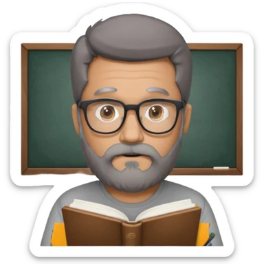 A man with a large gray beard, dark hair, wearing a t-shirt and glasses, studying. sticker