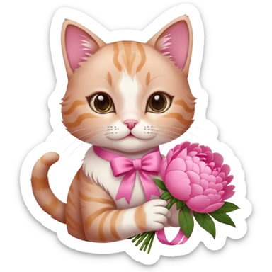 Can you make a cute cat handing out peonies bouquet with a coquette on the boquette sticker