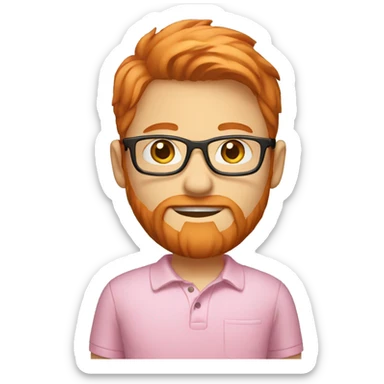 light red hair boy with a beard small glasses and pink polo sticker