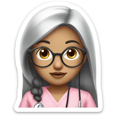 Aian girl (beige white skin tone and big eyes) with circle silver glasses, long black hair , wearing a pink nurse uniform scrub) with a stethoscope sticker