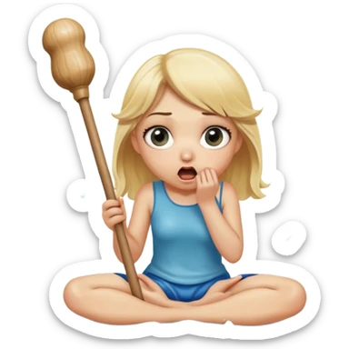 blond woman sitting on her knees with wide eyes, holding a wide skin-colored stick with a D-shaped knob, the stick and the nob have skin texture, water squirting from the knob into her mouth, shocked face sticker