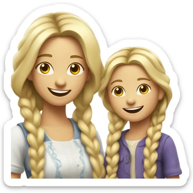 An emoji of a blonde mother with very long hair and a cheerful expression, standing next to her daughter, a small girl with black hair styled in two braids, both smiling happily together sticker