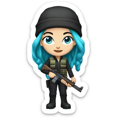 Girl, white skin, tactical vest, dark pants, long teal hair, blue eyes, purple beanie hat, gun, black combat boots sticker