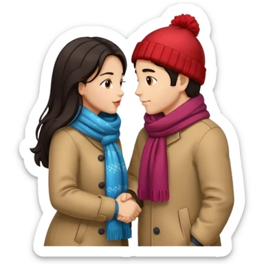 date night christmas couples, dark hair, holding hands, about to kiss each other, wearing a winter outfits sticker