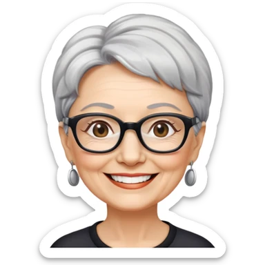 bà lão 60 tuổi, da trắng, tóc ngắn màu bạc, đeo kính màu đen, mặt cười tươi, hơi có nếp nhăn nhẹ sticker