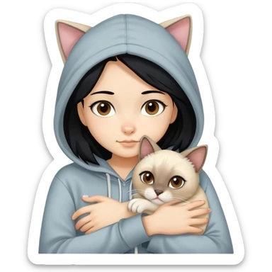 Girl with black hair and blonde highlights, brown eyes wearing a hoodie and hugging a siamese cat with white paws sticker