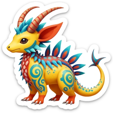 Colorful randomly-colored exotic Exotic Pokémon-Fakémon-hybrid-creature (full body) with tribal intricate splash-markings and patterns and furs and scales and spikes and fins and horns  sticker