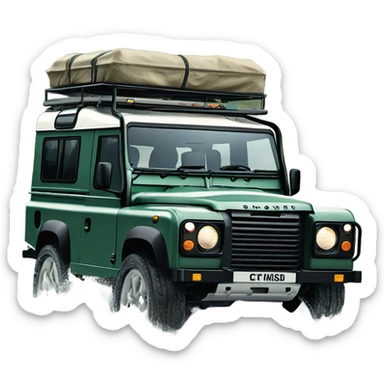 A four-wheel drive Land Rover crossing a shallow river in a rainforest, with trees in the background and splashing water, representing versatility and strength. sticker