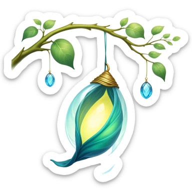 magical organic cocoon suspended from a branch, green-blue cocoon lit up, swirling yellow magic, ethereal and mystical, symbol shape, gentle green-blue hues sticker