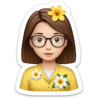 female with white skin. Shoulder length straight brown hair. Brown eyes with glasses. Hawaiian Flower in hair. Female wearing baby yellow shirt. sticker