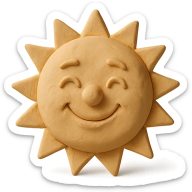 smiling sun with a face, pastel colors, visible fingerprints, matte plasticine claymation style sticker