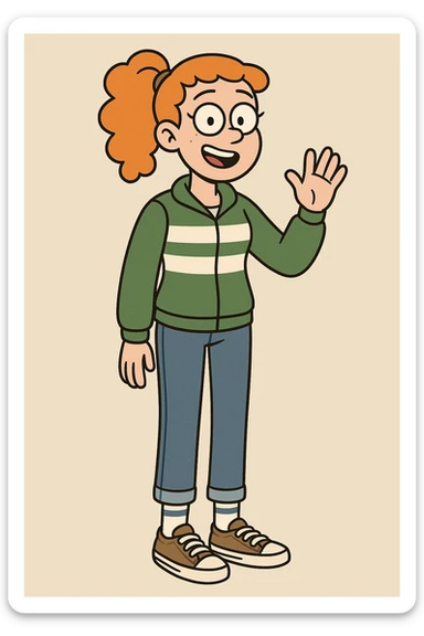 A girl Orange curly ponytail white green stripes ddre sshair jacket jeans blue sports striped socks brown converse women's chuck taylor all star shoreline slip on casual shoe wave and say hello sticker