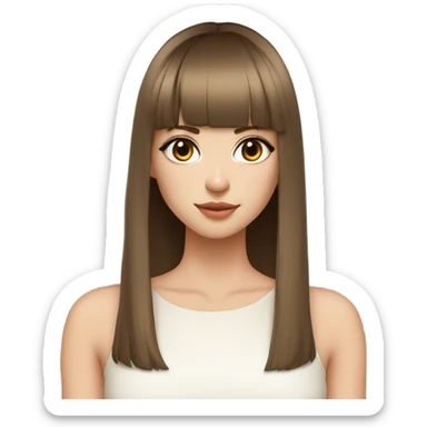 beautiful model, beige skin, light eyes, double eyelids, straight long brown hair, bangs, white top sticker