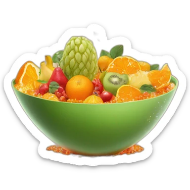 Create an image of a vibrant orange salad bowl filled with exotic fruits and vegetables, topped with a sparkling diamond. Include a hand elegantly holding the bowl from the side. sticker