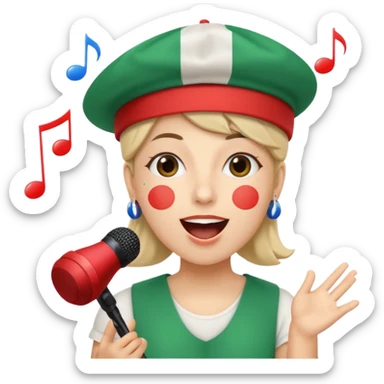 whimsical emoji of a person with an Italian flag hat, singing 'larili larila' with musical notes, playful and silly expression, vibrant colors, cartoon style sticker