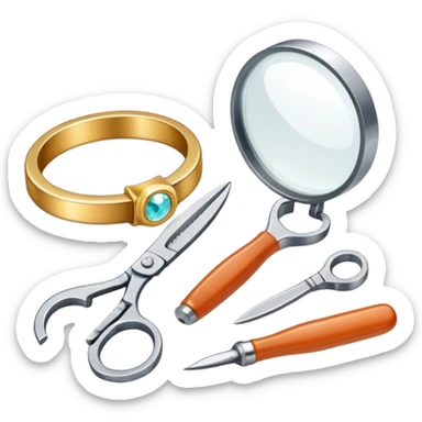 Jewelry art icon, one or two jewelry pieces (like a ring or pendant), visible tools like pliers, magnifying glass, and a workbench with materials, minimalistic style, clean lines, transparent background. sticker