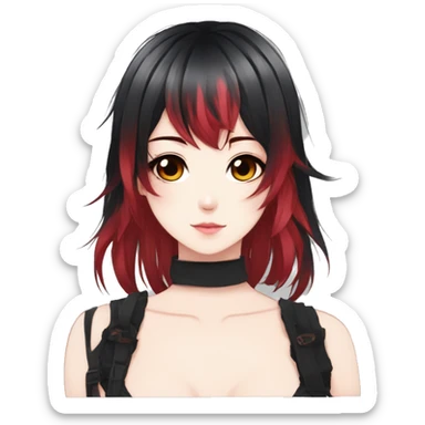 Gorgeous anime style shojo character with blushing face aesthetic and pretty edgy black red punk hair with hair garment trending style sticker