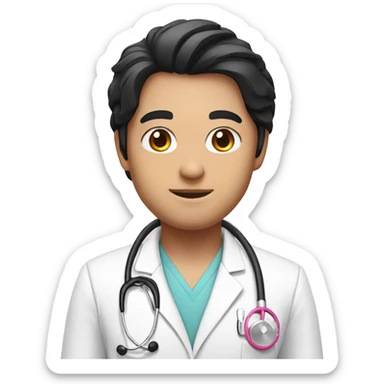 Long black hair doctor in pink undershirt white coat over pink stethoscope  sticker