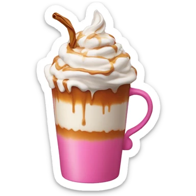 A hot drink with caramel dripping and whipped cream in a pink cup  sticker