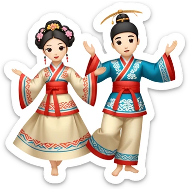 Cinematic Realistic scene of two performers engaging in Ganggangsullae, dressed in traditional Korean costumes with intricate patterns and graceful movements, illuminated by soft, festive lighting that accentuates the cultural ambiance sticker