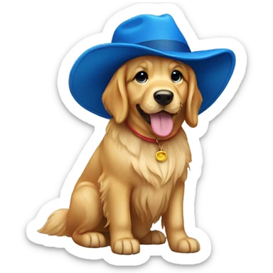 a golden retriever with a blue hat sticker