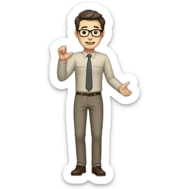 Full height Actively gesturing with hands Pale skinned fit man with dark brown hair in gray jacket, beige office shirt, brown tie, brown pants and vintage glasses. sticker